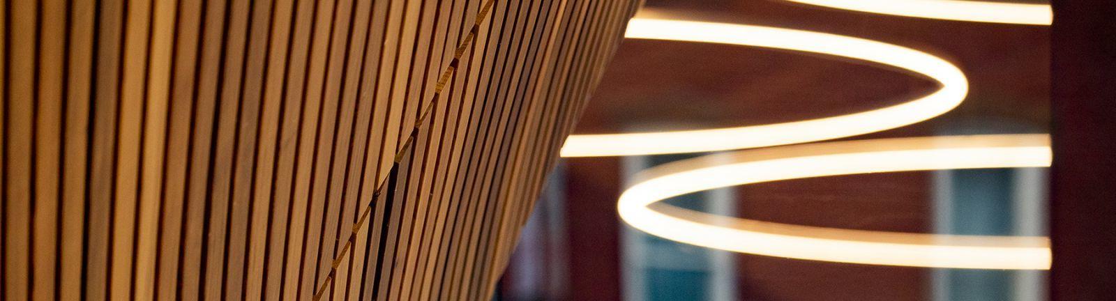 Abstract of lighting and wood elements in Temple's Charles Library.